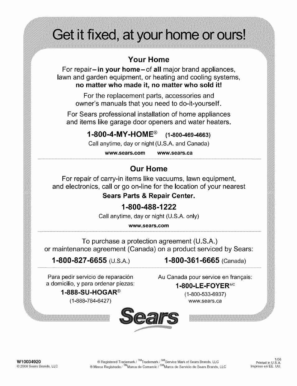 Get it fixed, at your home or ours, 888-su-hogar, Your home | 800-4-my-home, Our home | Kenmore HE2 110.9656 User Manual | Page 48 / 48