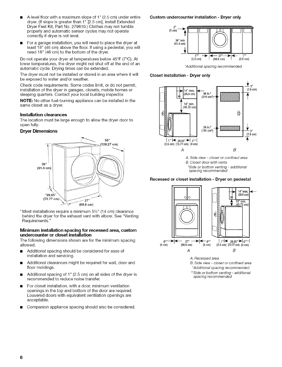 Installation clearances | Kenmore HE2 110.9656 User Manual | Page 6 / 48