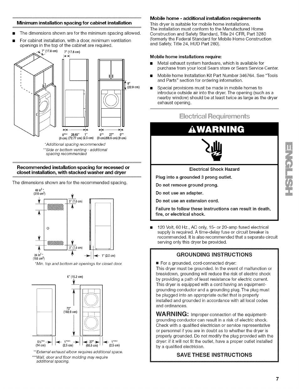 Mobile home - additional installation requirements, Grounding instructions, Save these instructions | Awarning, Warning | Kenmore HE2 110.9656 User Manual | Page 7 / 48