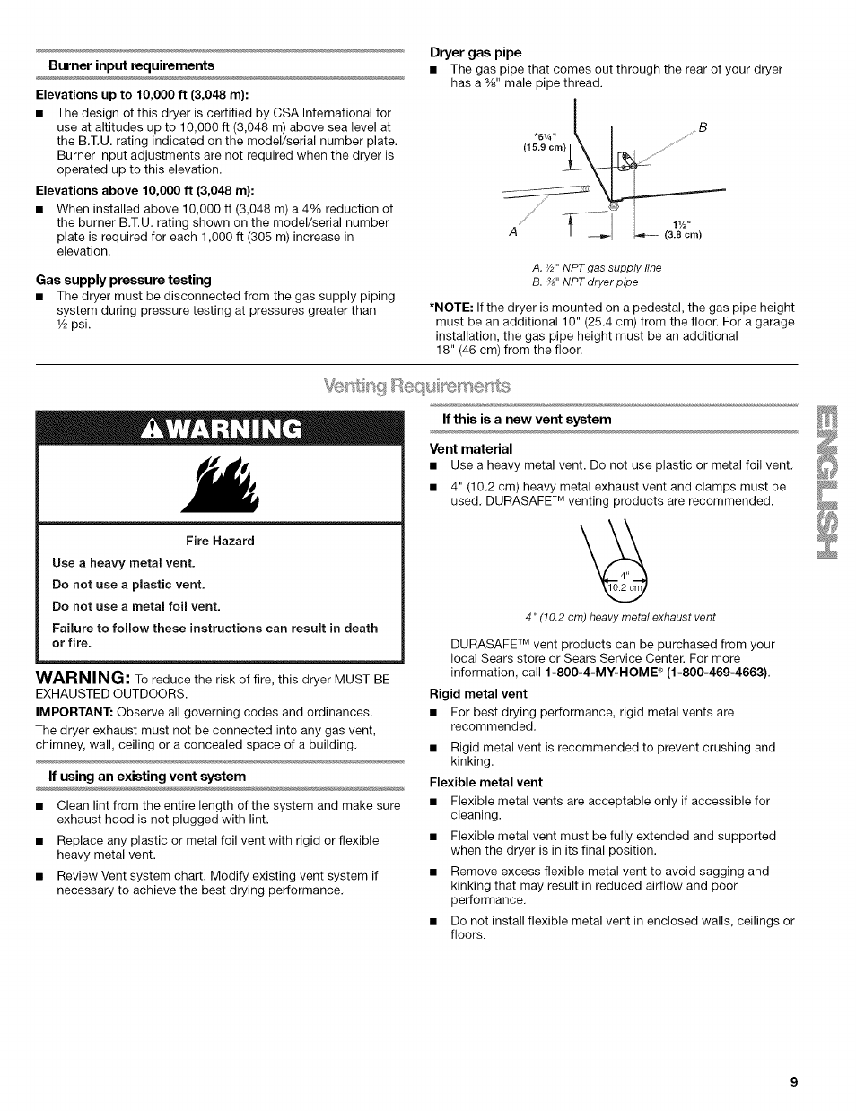 Burner input requirements, Gas supply pressure testing, Dryer gas pipe | Шпипд reciyirbrfients, If using an existing vent system, If this is a new vent system, Vent material, Warning | Kenmore HE2 110.9656 User Manual | Page 9 / 48