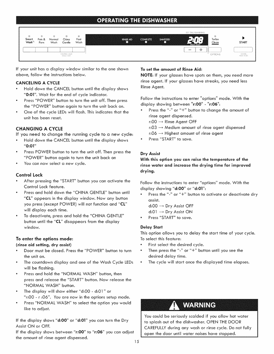 Canceling a cycle, Changing a cycle, Control lock | To enter the options mode, A warning, Operating the dishwasher, V t-mii | Kenmore 630.1391 User Manual | Page 15 / 22