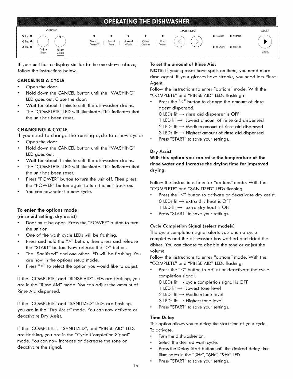 Canceling a cycle, Operating the dishwasher | Kenmore 630.1391 User Manual | Page 16 / 22