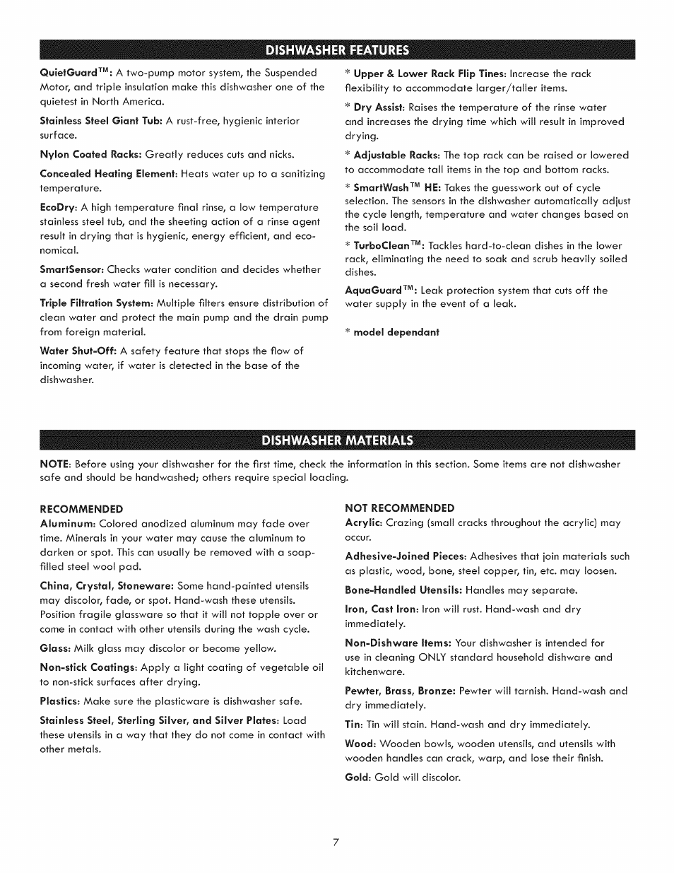 Dishwasher features, Dishwasher materials | Kenmore 630.1391 User Manual | Page 7 / 22