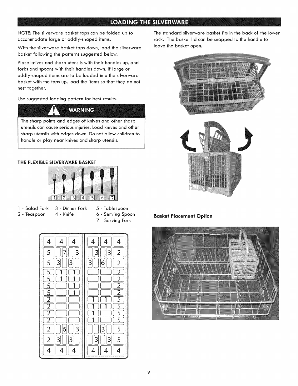 Warning, The flexible silverware basket | Kenmore 630.1391 User Manual | Page 9 / 22