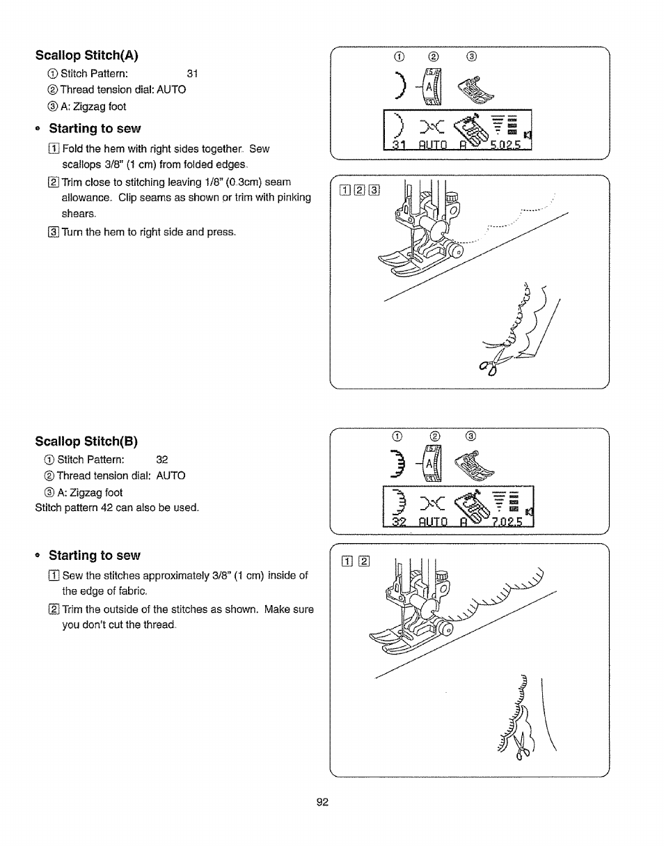 Scallop stitch(a), Starting to sew, Scallop stitch(b) | Scallop 8iitch(a)., * starting to sew | Kenmore 385.19365 User Manual | Page 103 / 139