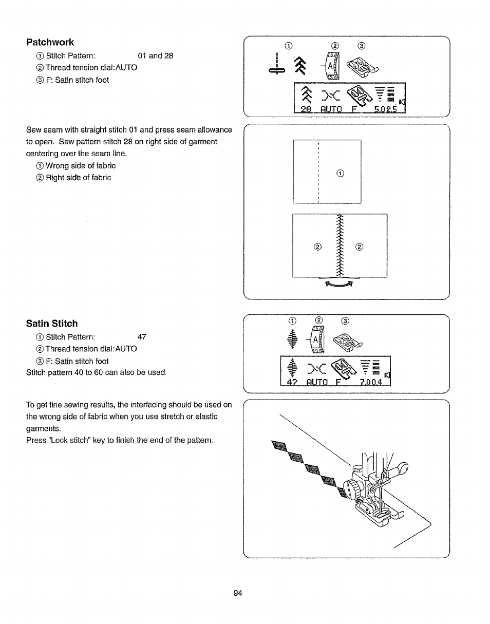 Patchwork, Satin stitch, 2в ruto e. 5-0 g.5 | Buio.. e,i | Kenmore 385.19365 User Manual | Page 105 / 139