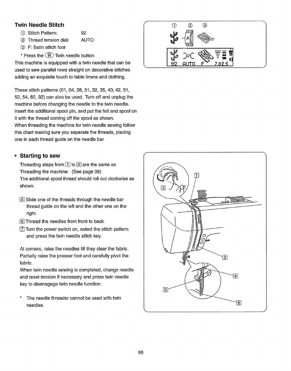 Twin needle stitch, Starting to sew, Twin needie stitch | Kenmore 385.19365 User Manual | Page 109 / 139