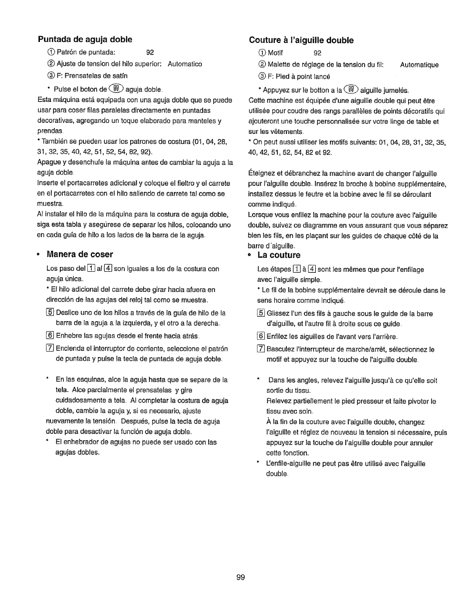 Puntada de aguja doble, Manera de coser, Couture à ¡’aiguille double | La couture | Kenmore 385.19365 User Manual | Page 110 / 139