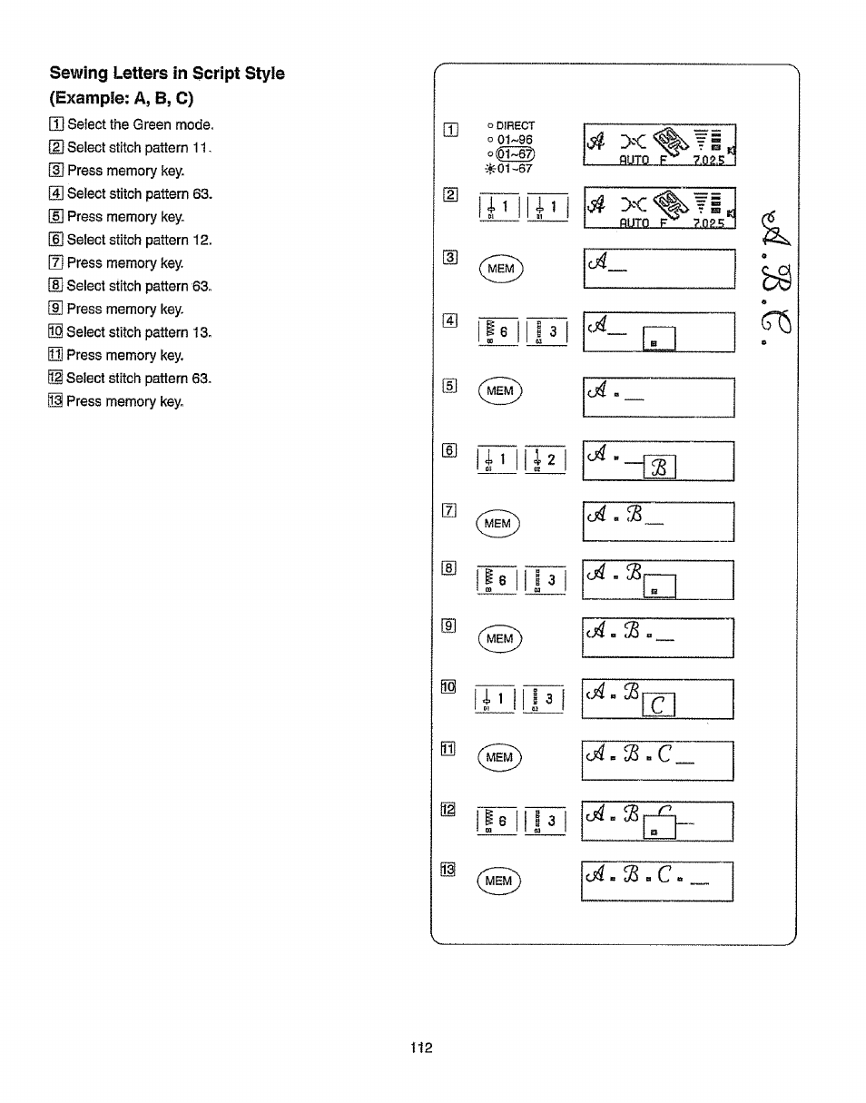 Sewing letters in script style (example:: a, b, c) | Kenmore 385.19365 User Manual | Page 123 / 139
