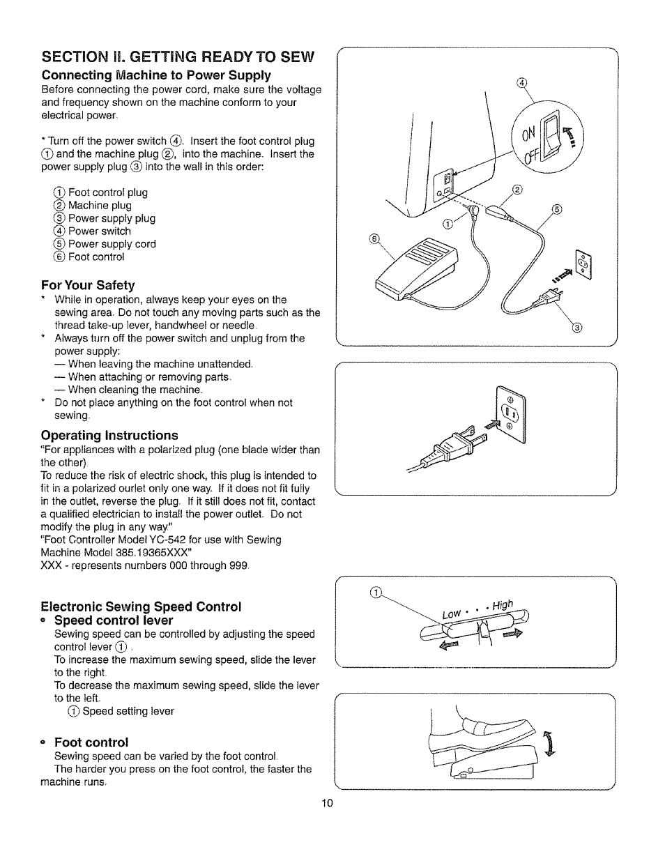 Section и. getting ready to sew, Connecting machine to power supply, For your safety | Operating instructions, Electronic sewing speed control, Foot control, Cnoph nfintrni ¡awpi | Kenmore 385.19365 User Manual | Page 21 / 139