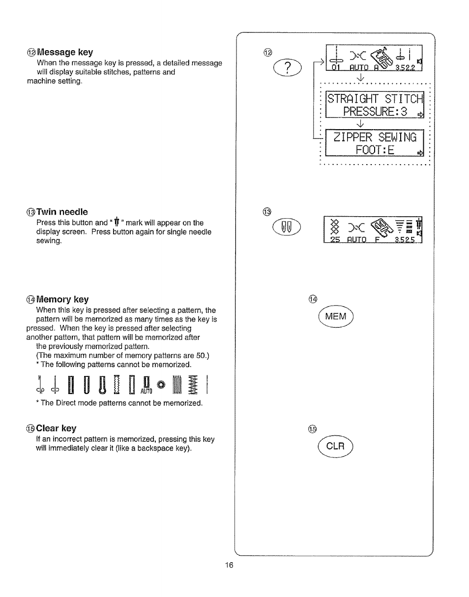 Message key, Twin needle, Memory key | Clear key, Memory key clear key, 1 1 r i 11 p, 0 y u | Kenmore 385.19365 User Manual | Page 27 / 139