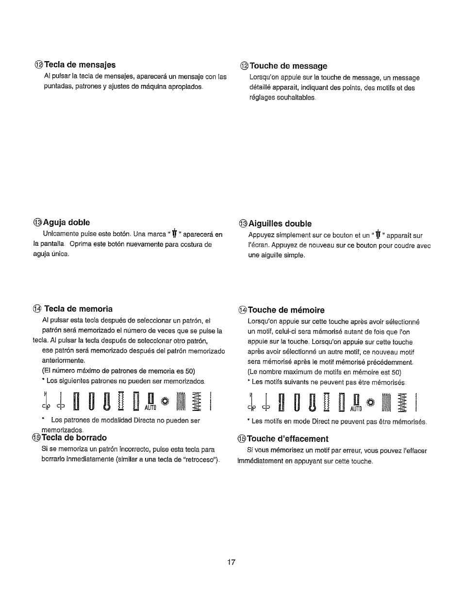 Aguja doble, Aiguilles double, Tecla de memoria | Ítecla de borrado, Touche de mémoire, Touche d’effacement | Kenmore 385.19365 User Manual | Page 28 / 139