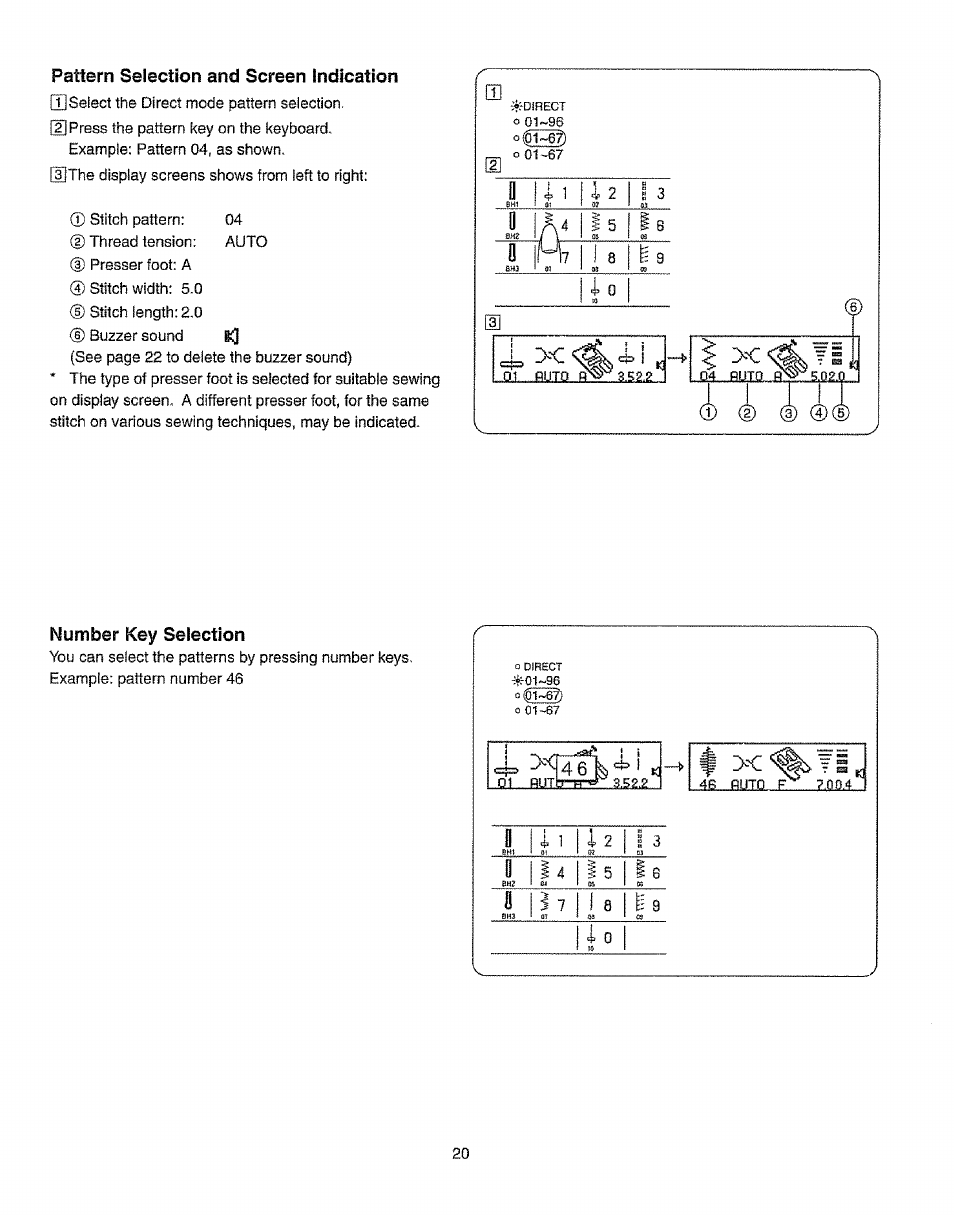 Pattern selection and screen indication, Number key selection | Kenmore 385.19365 User Manual | Page 31 / 139