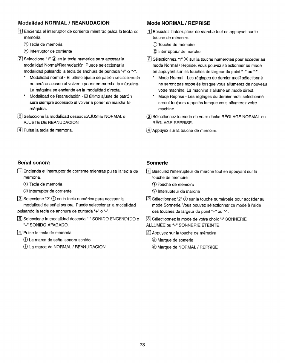 Modalidad normal/reanudacion, Mode normal / reprise, Señal sonora | Sonnerie | Kenmore 385.19365 User Manual | Page 34 / 139