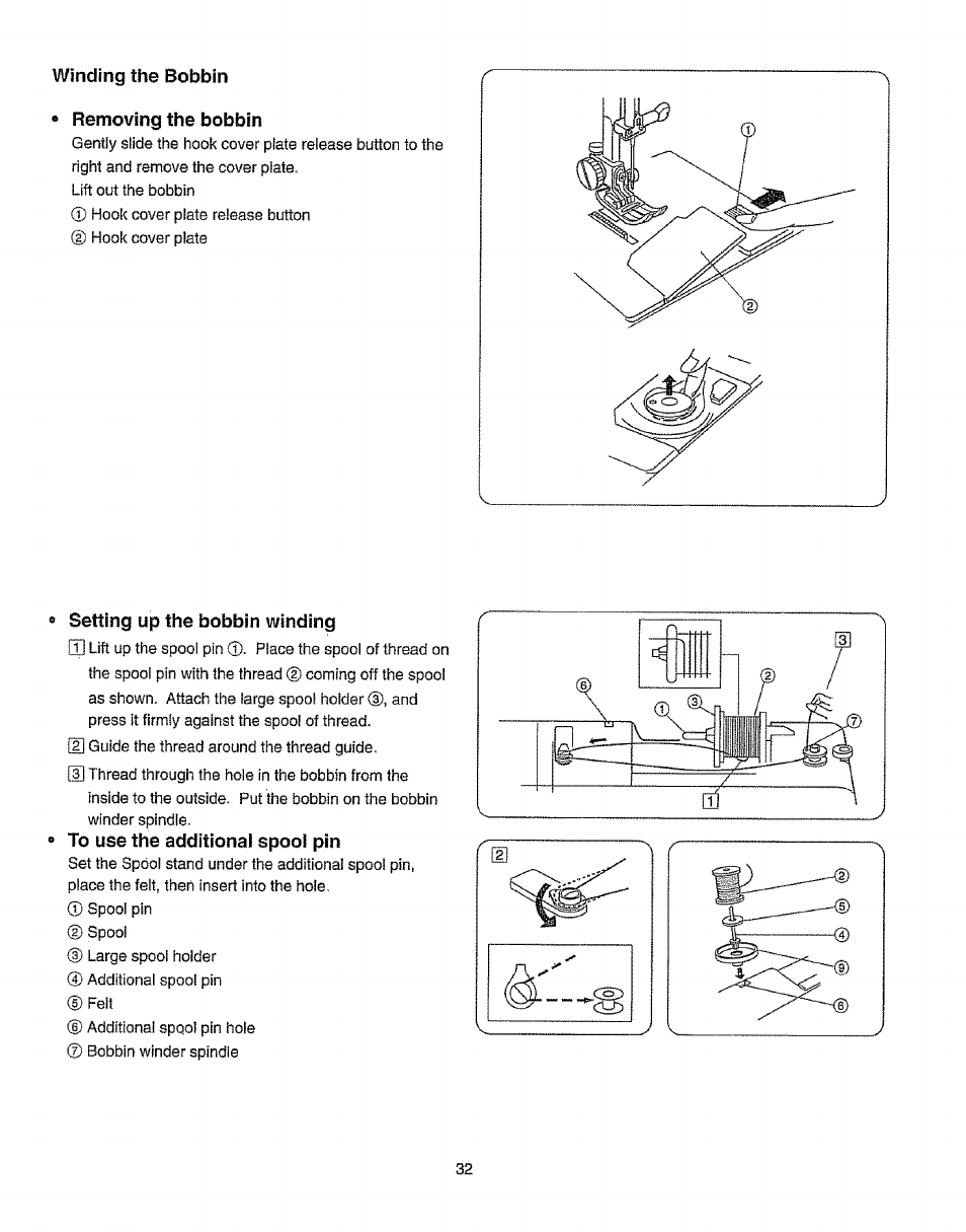 Winding the bobbin, Removing the bobbin, Setting up the bobbin winding | To use the additional spool pin, Inserting the bobbin | Kenmore 385.19365 User Manual | Page 43 / 139