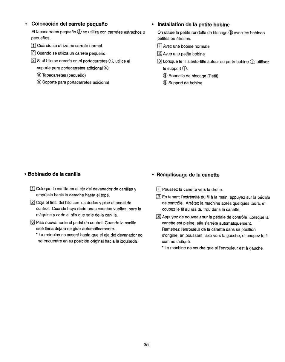 Colocación del carrete pequeño, Installation de ta petite bobine, Bobinado de la canilla | Remplissage de la canette | Kenmore 385.19365 User Manual | Page 46 / 139
