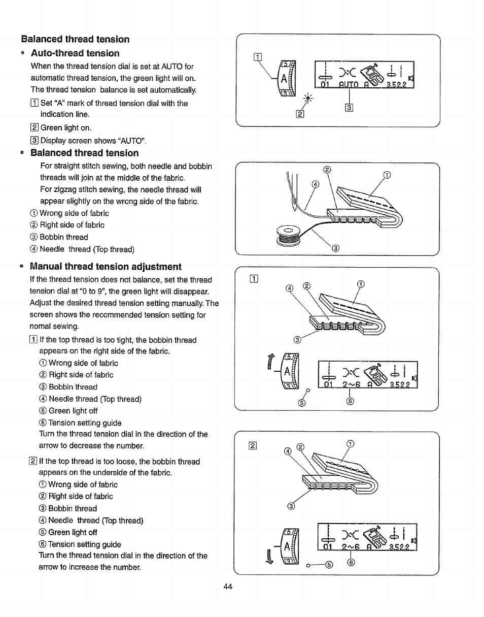 Balanced thread tension e auto-thread tension, Balanced thread tension, O manual thread tension adjustment | Manual thread tension adjustment | Kenmore 385.19365 User Manual | Page 55 / 139