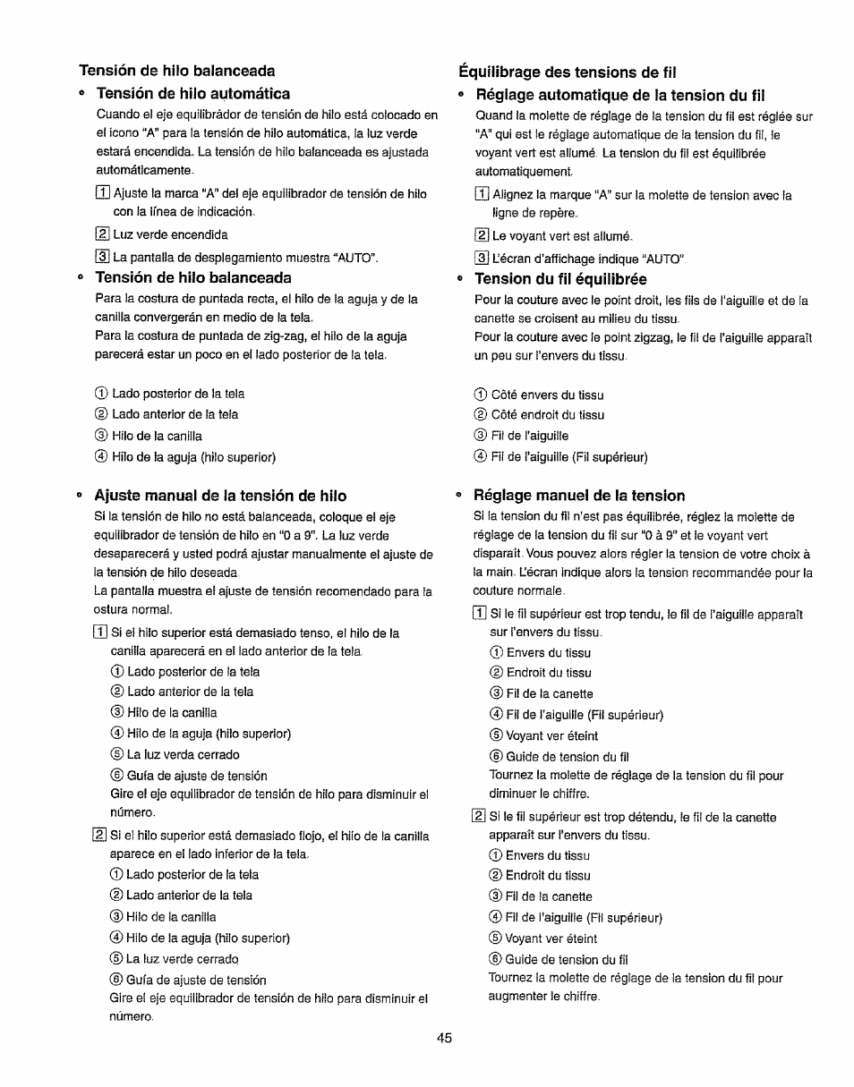 Tensión de hilo balanceada, O ajuste manual de la tensión de hilo, E tension du fil équilibrée | 9 réglage manuel de la tension | Kenmore 385.19365 User Manual | Page 56 / 139