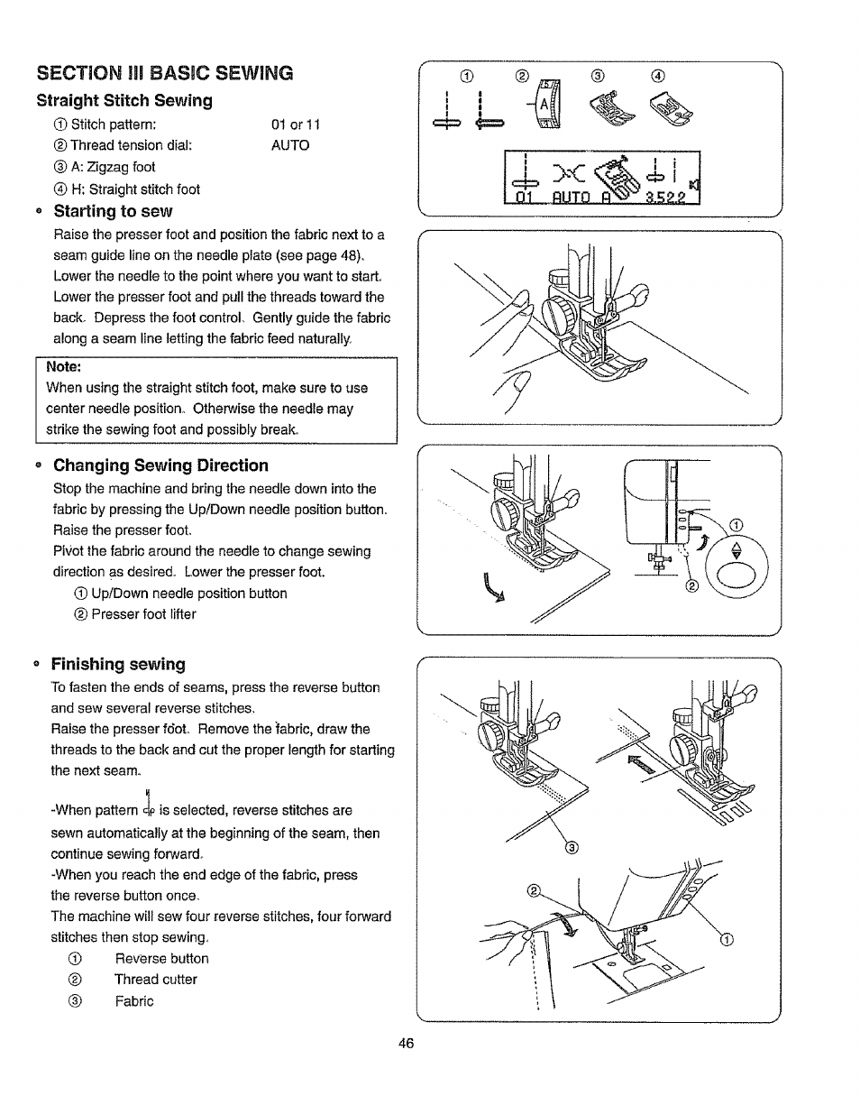 Changing sewing direction, Finishing sewing, I ix | Kenmore 385.19365 User Manual | Page 57 / 139