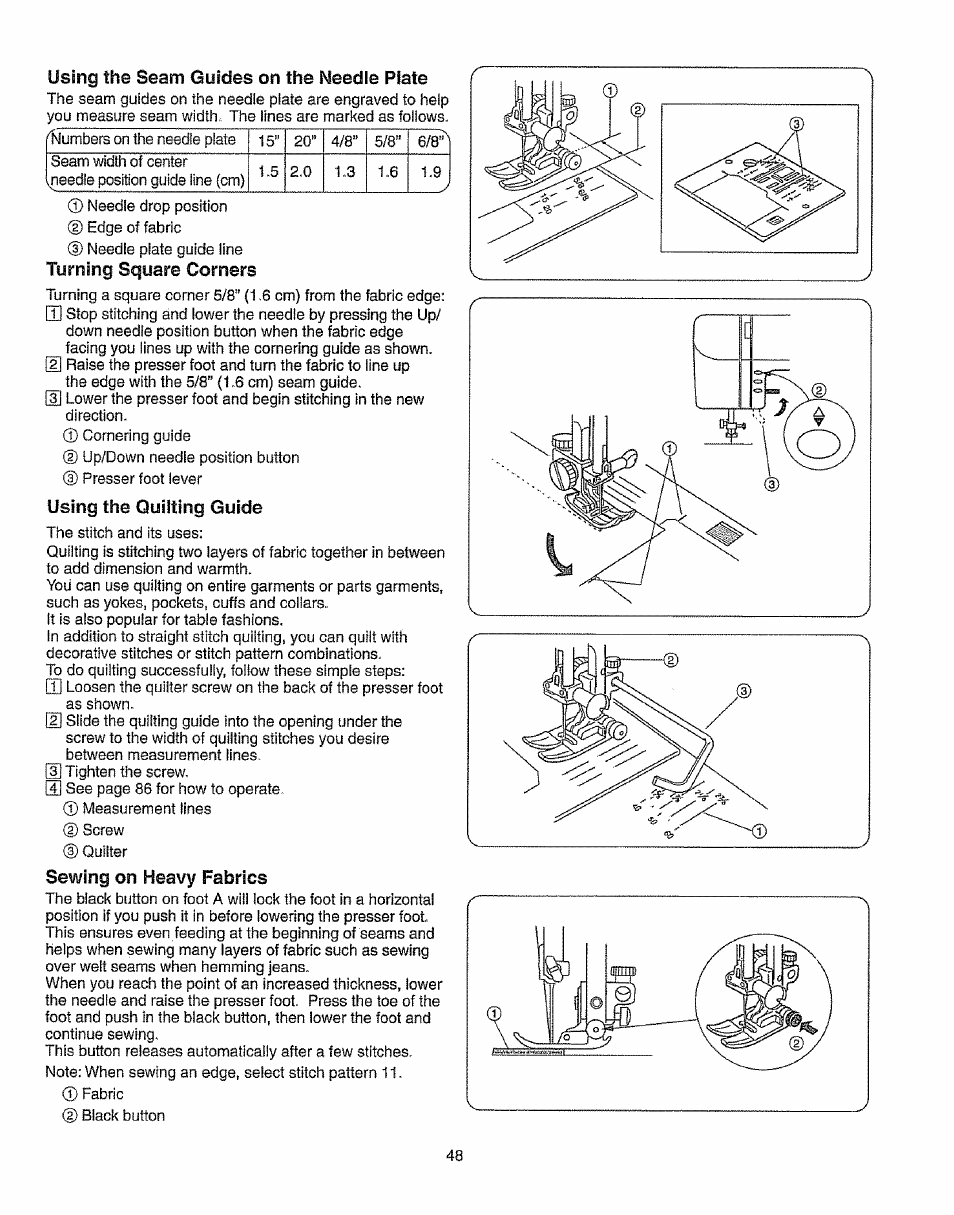 Turning square corners, Using the quilting guide, Sewing on heavy fabrics | Using the quilting guide sewing on heavy fabrics | Kenmore 385.19365 User Manual | Page 59 / 139