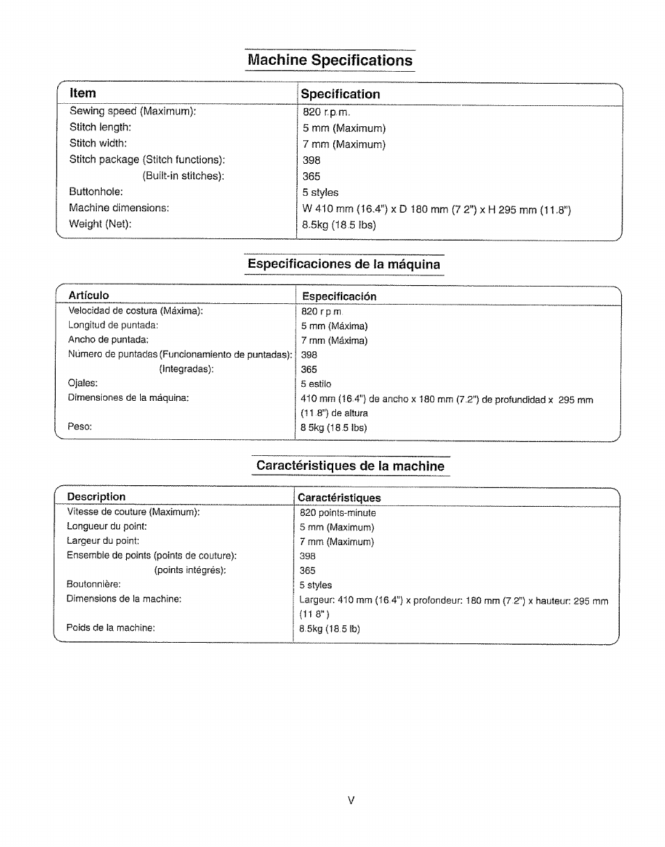 Machine specifications, Especificaciones de ia máquina, Caractéristiques de la machine | Kenmore 385.19365 User Manual | Page 6 / 139