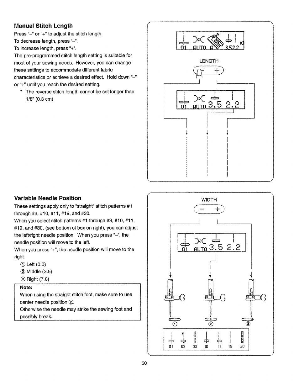 Maiiual stitch length, Variable needle position, Manual stitch length | Kenmore 385.19365 User Manual | Page 61 / 139