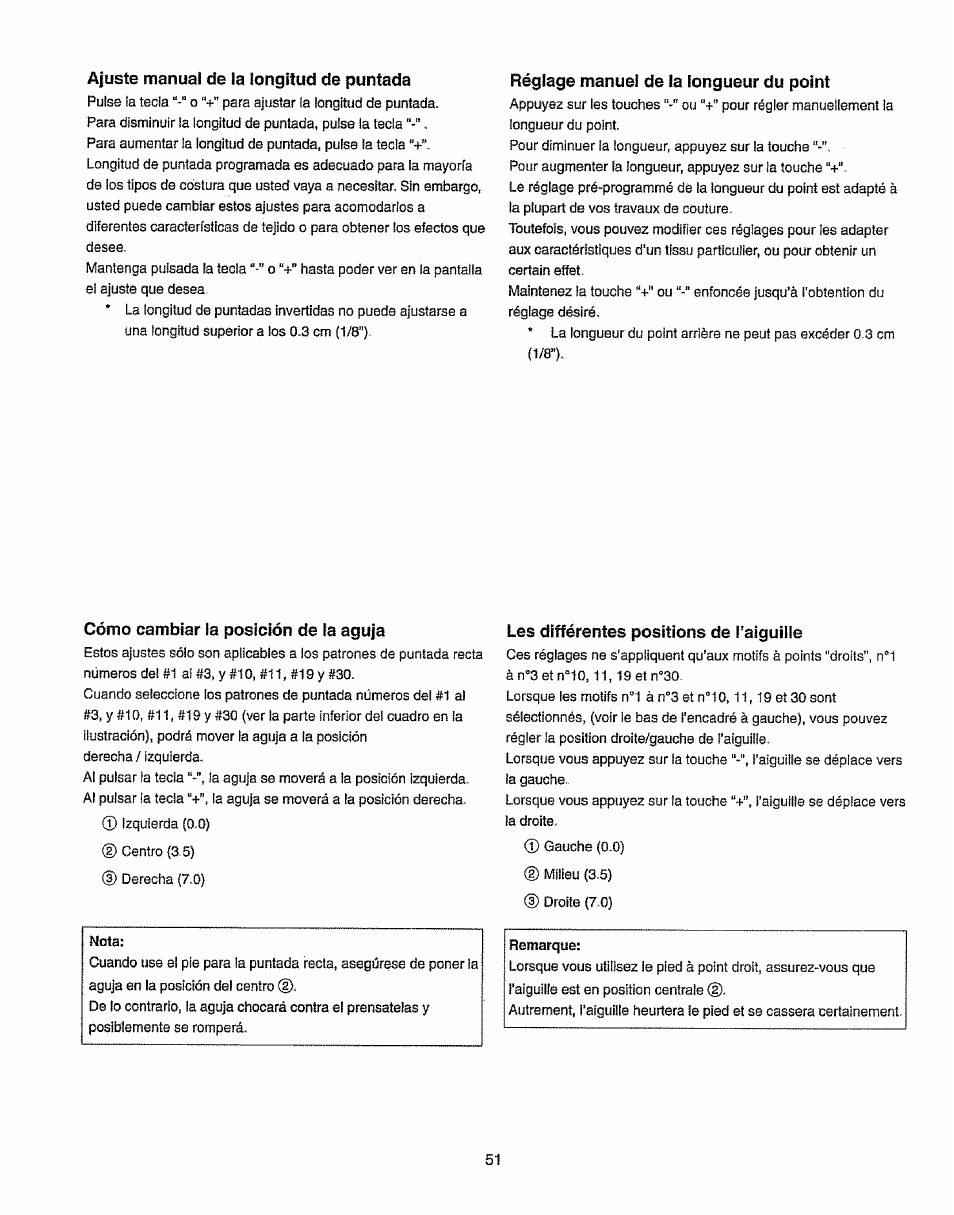 Ajuste manuai de la longitud de puntada, Réglage manuel de la longueur du point, Cómo cambiar la posición de la aguja | Les différentes positions de raiguille | Kenmore 385.19365 User Manual | Page 62 / 139