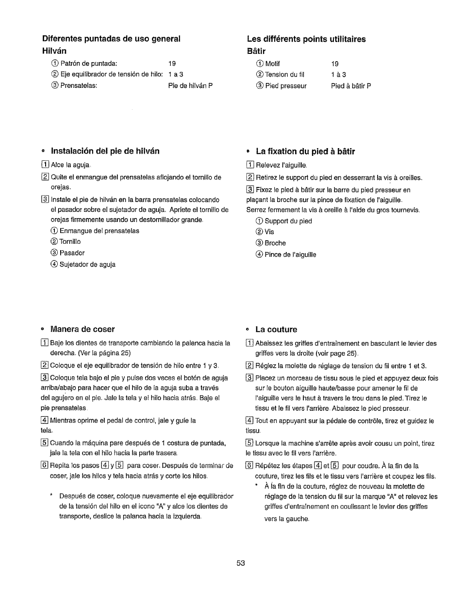 Hilván, Les différents points utilitaires bâtir, Instalación dél píe de hilván | Manera de coser | Kenmore 385.19365 User Manual | Page 64 / 139