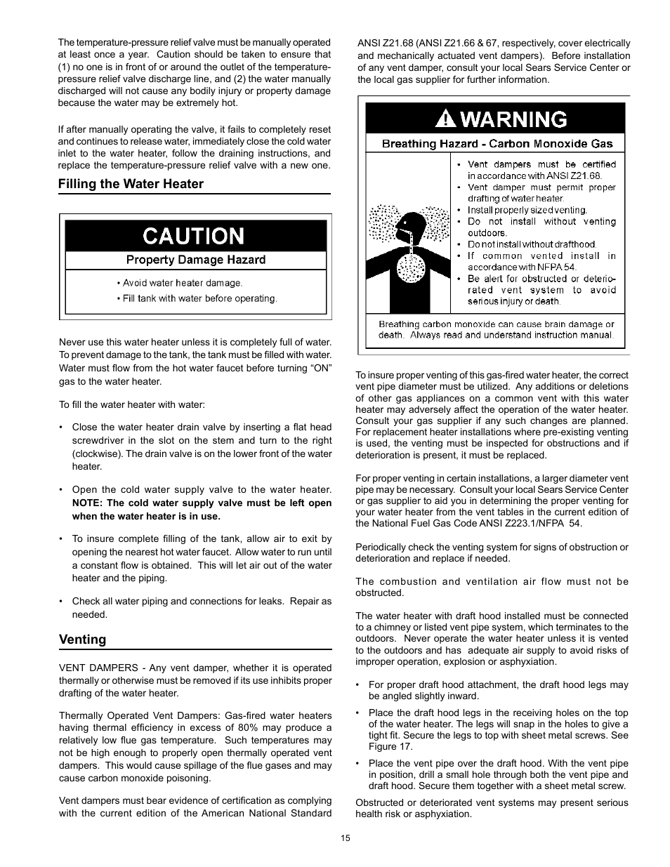 Filling the water heater, Venting | Kenmore POWER MISER 153.33066 User Manual | Page 15 / 32