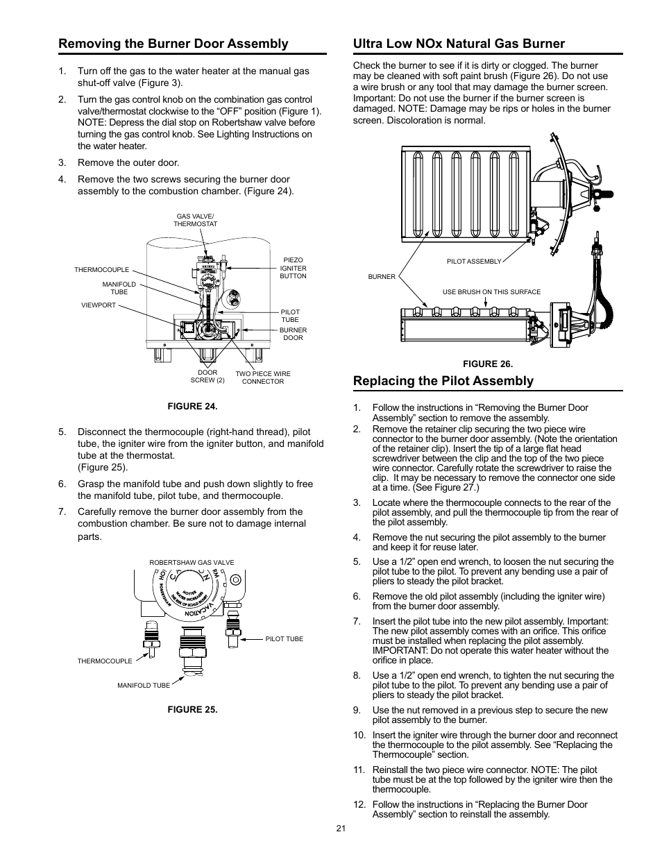 Removing the burner door assembly, Ultra low nox natural gas burner, Replacing the pilot assembly | Kenmore POWER MISER 153.33066 User Manual | Page 21 / 32