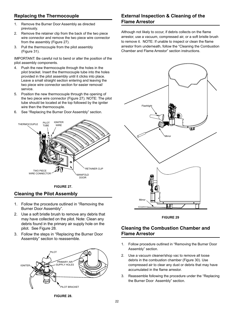 Replacing the thermocouple, Cleaning the pilot assembly, Cleaning the combustion chamber and flame arrestor | Kenmore POWER MISER 153.33066 User Manual | Page 22 / 32