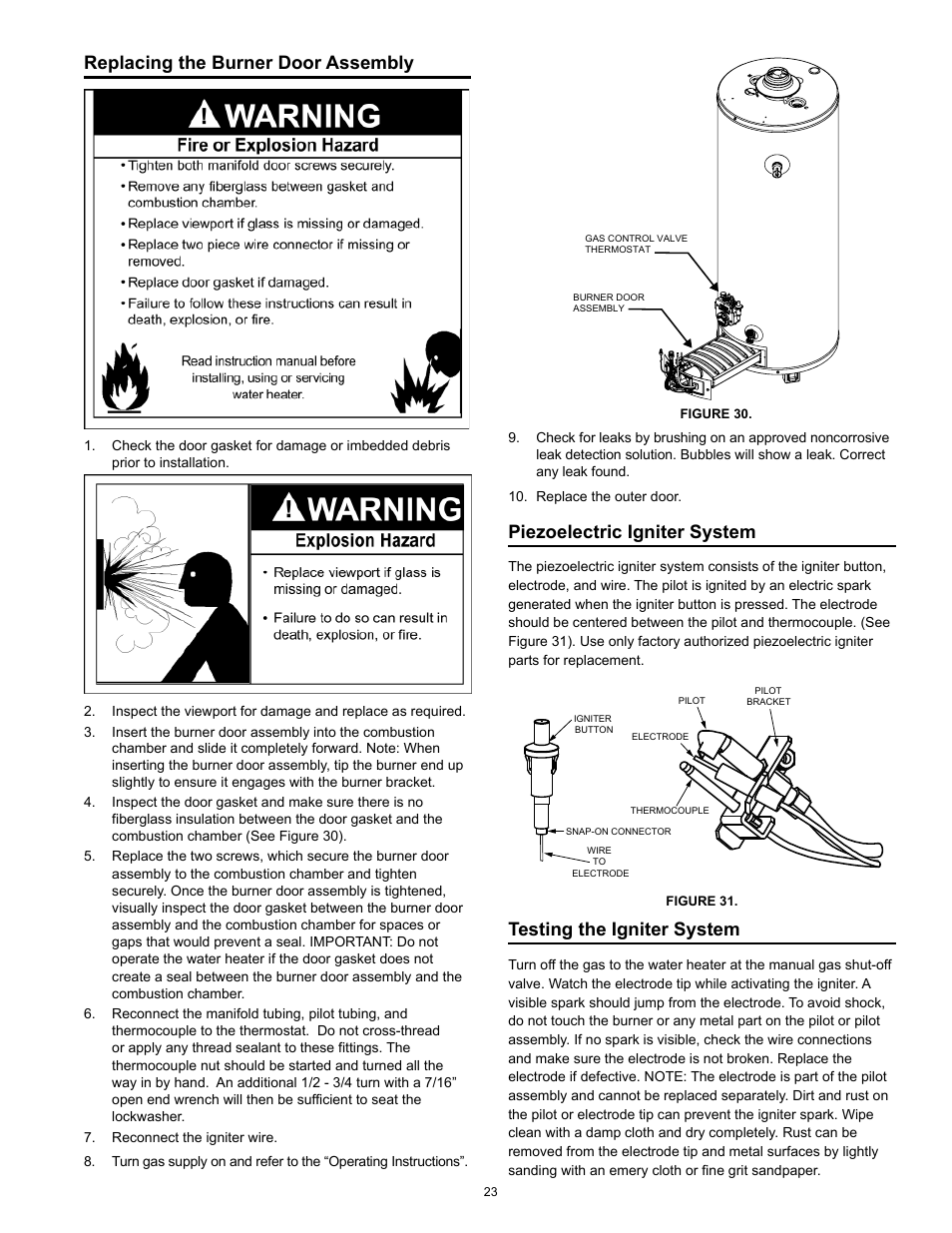 Replacing the burner door assembly, Piezoelectric igniter system, Testing the igniter system | Kenmore POWER MISER 153.33066 User Manual | Page 23 / 32