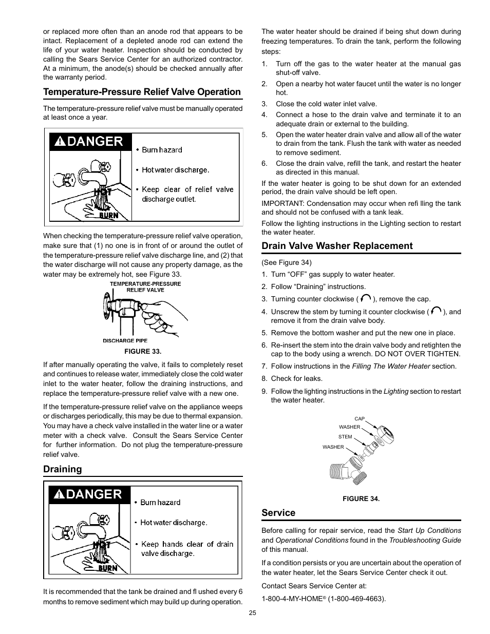 Temperature-pressure relief valve operation, Draining, Drain valve washer replacement | Service | Kenmore POWER MISER 153.33066 User Manual | Page 25 / 32