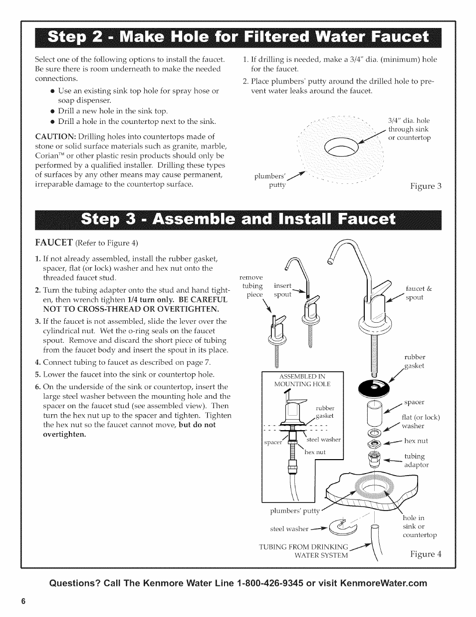 Step 2 - make hole for filtered water faucet, Step 3 - assemble and install faucet | Kenmore 625.38454 User Manual | Page 6 / 12