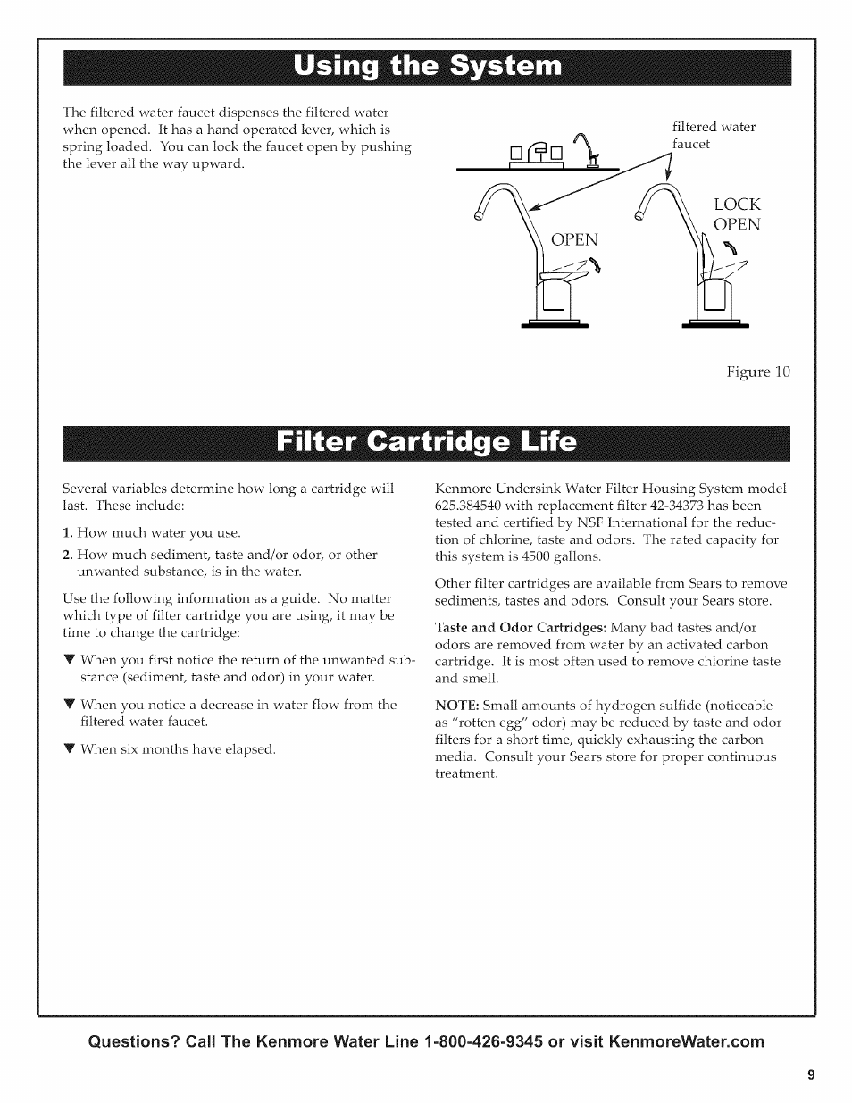 Using the system, Filter cartridge li, Using the system filter cartridge life | Kenmore 625.38454 User Manual | Page 9 / 12