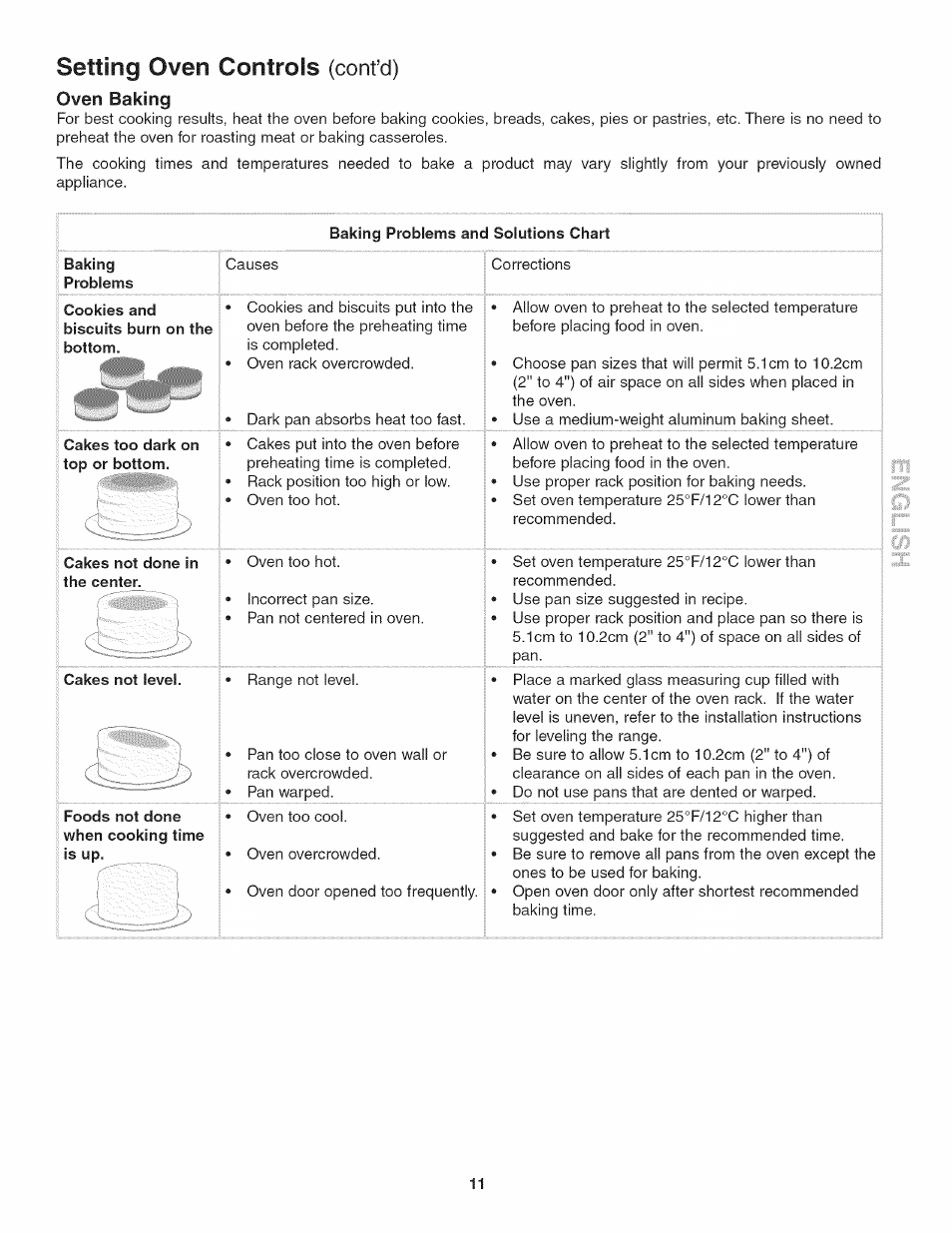 Oven baking, Baking problems and solutions chart, Baking | Cakes too dark on top or bottom, Cakes not done in the center, Cakes not level, Setting oven controls (cont’d) | Kenmore 790. 4045 User Manual | Page 11 / 22