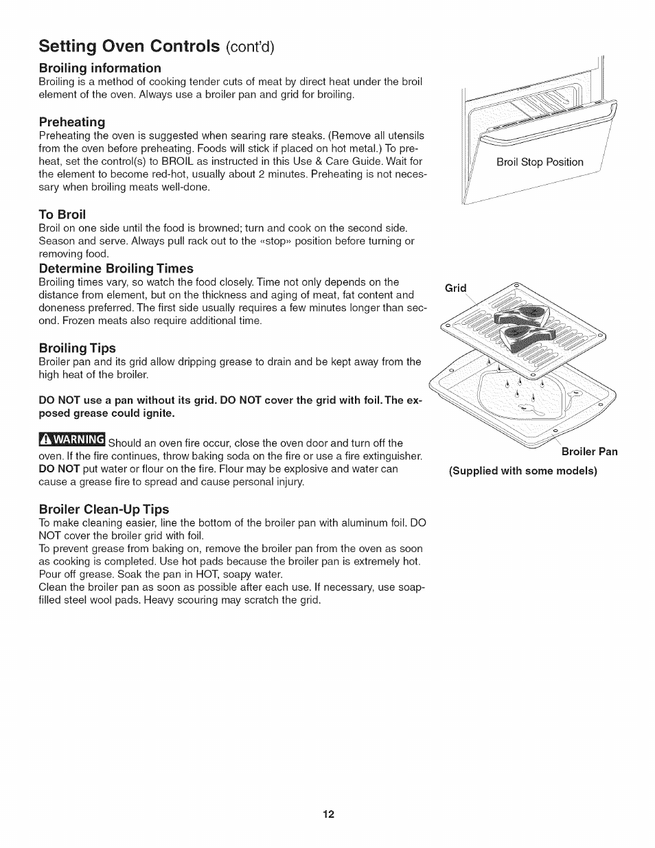 Preheating, To broil, Determine broiling times | Broiling tips, Broiler clean-up tips, Setting oven controls (cont’d) | Kenmore 790. 4045 User Manual | Page 12 / 22