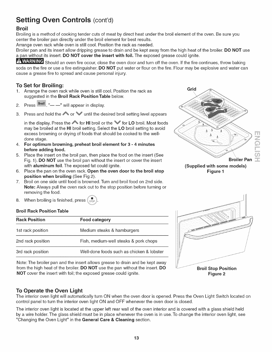 To set for broiling, To operate the oven light, Setting oven controls (cont’d) | Broil | Kenmore 790. 4045 User Manual | Page 13 / 22