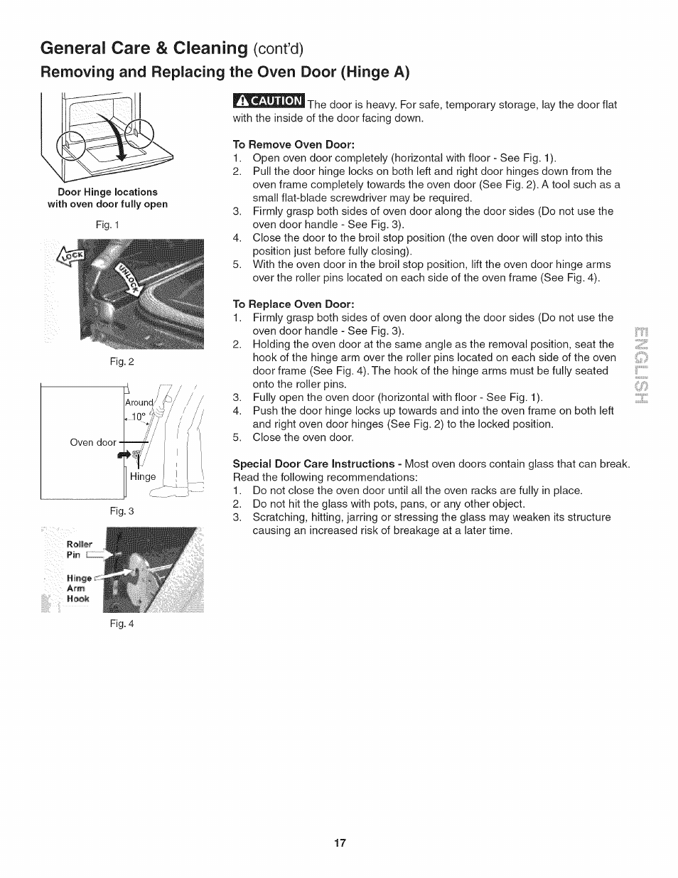 General care & cleaning (cont’d), To remove oven door, To replace oven door | General care & cleaning -18, Removing and replacing the oven door (hinge a) | Kenmore 790. 4045 User Manual | Page 17 / 22