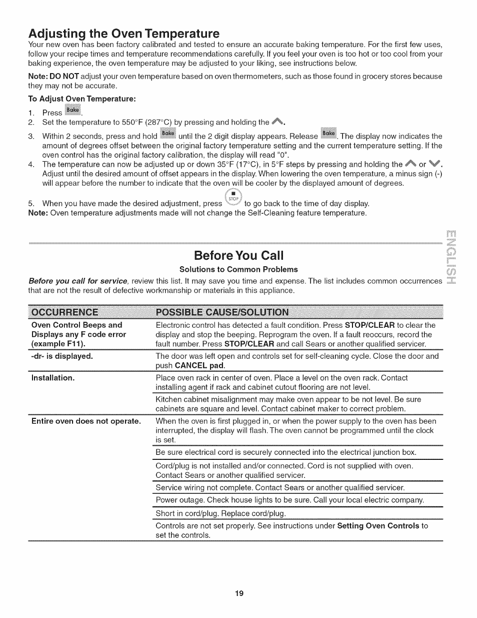 Adjusting the oven temperature, Solutions to common problems, Before you call | Kenmore 790. 4045 User Manual | Page 19 / 22