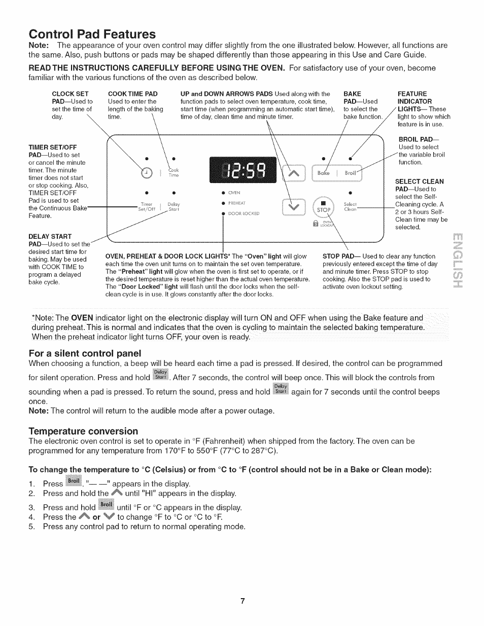 Control pad features, For a silent control panel, Temperature conversion | Kenmore 790. 4045 User Manual | Page 7 / 22