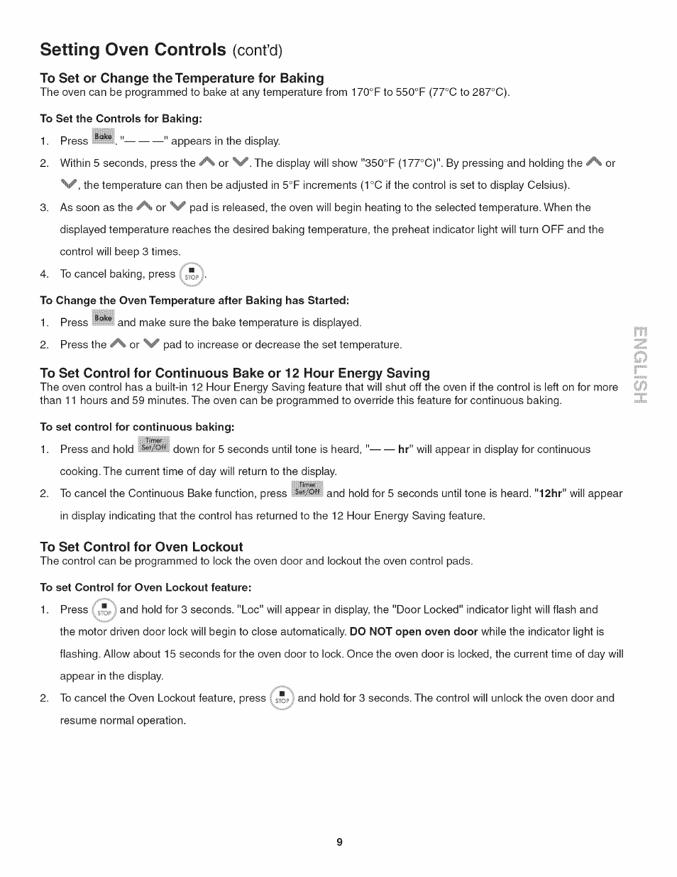 To set the controls for baking, To set control for continuous baking, To set control for oven lockout | To set control for oven lockout feature, Setting oven controls (cont’d) | Kenmore 790. 4045 User Manual | Page 9 / 22