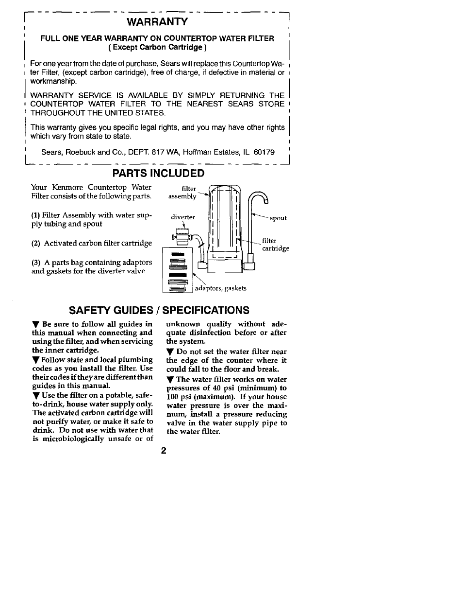 Parts included, Safety guides / specifications, Warranty | Kenmore 625.34551 User Manual | Page 2 / 8