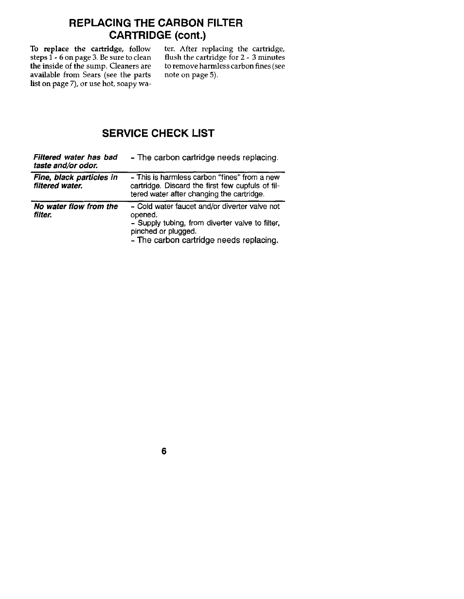 Replacing the carbon filter cartridge (cont.), Service check list | Kenmore 625.34551 User Manual | Page 6 / 8