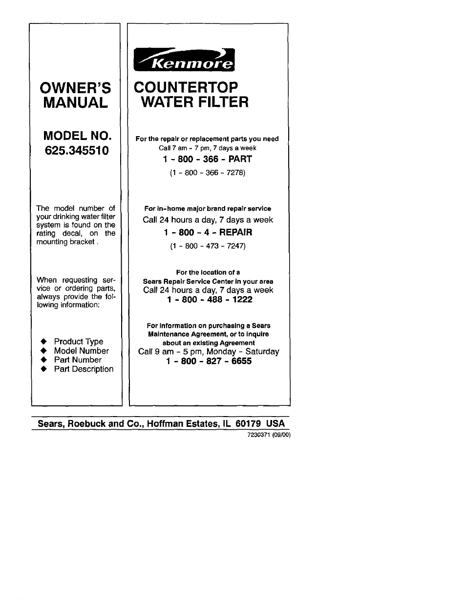 Owner’s, Manual, Countertop water filter | Owner’s manual, Kenmarg | Kenmore 625.34551 User Manual | Page 8 / 8