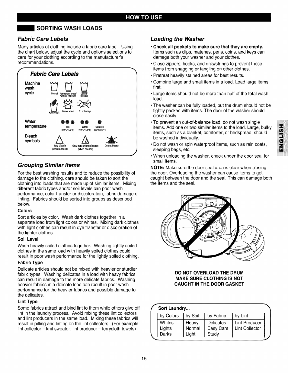 Sorting wash loads, Colors, Soil level | Lint type | Kenmore 796.4027 User Manual | Page 15 / 29