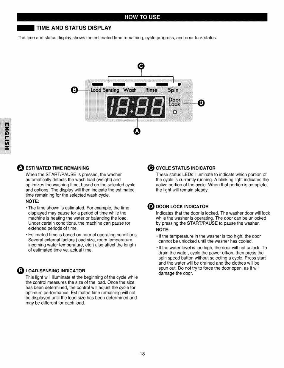 Time and status display, Load sensing wash rinse spin, Note | 0 door lock indicator, Door lock | Kenmore 796.4027 User Manual | Page 18 / 29