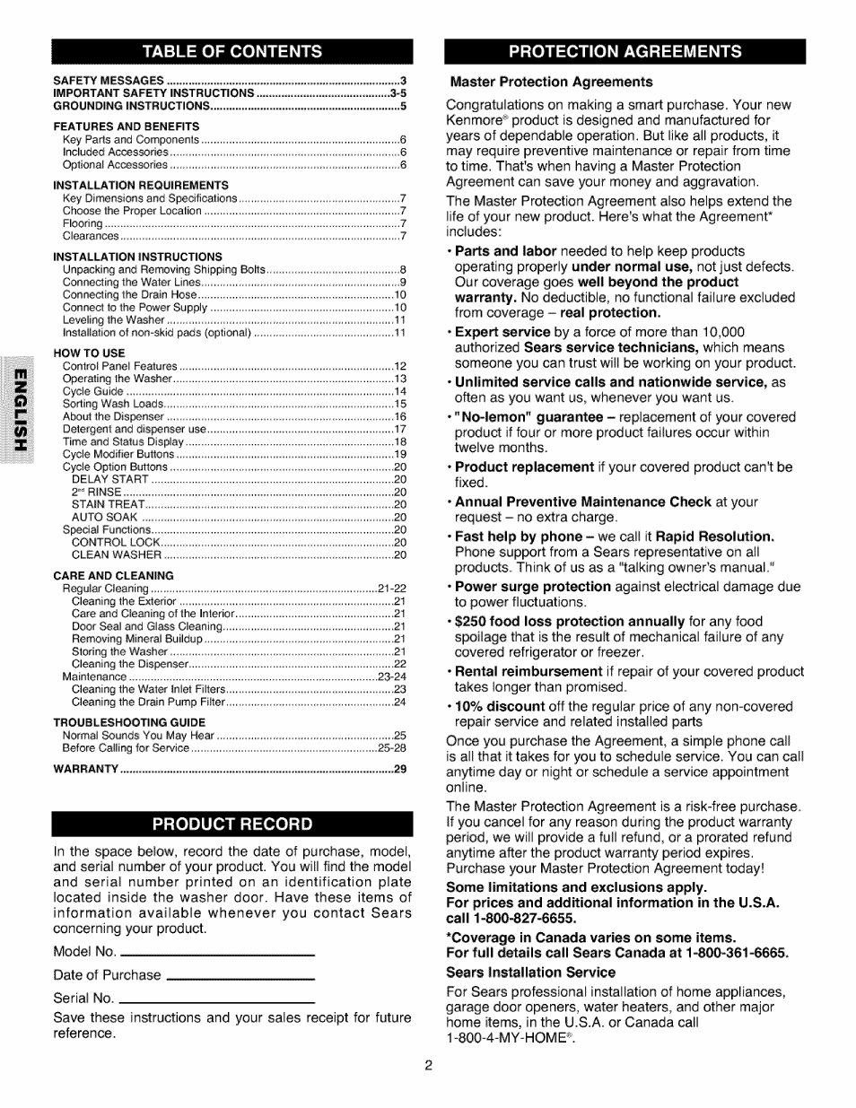 Table of contents protection agreements, Product record | Kenmore 796.4027 User Manual | Page 2 / 29