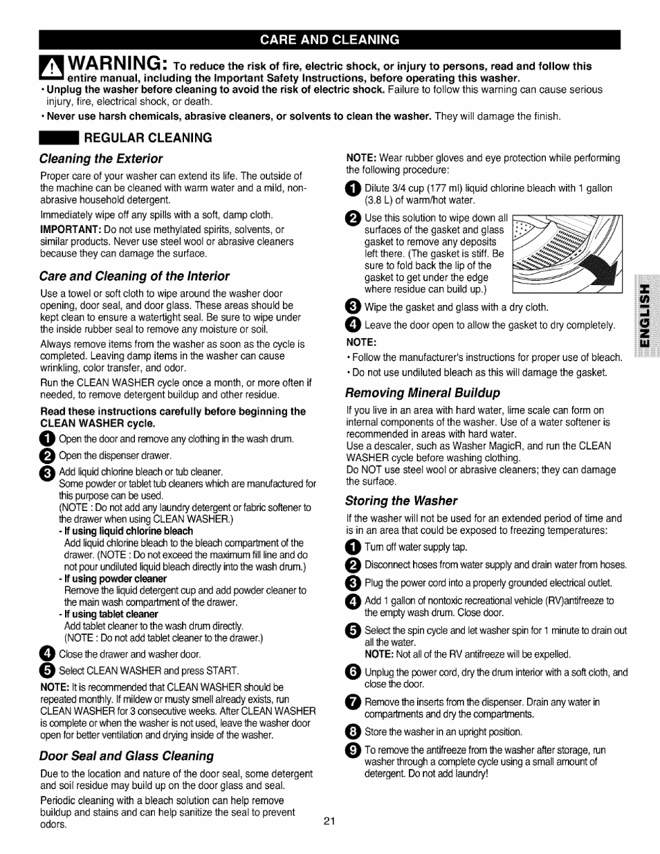 Care and cleaning, Warning, Cleaning the exterior | The interior, Door seal and glass cleaning, Removing mineral buildup, Storing the washer | Kenmore 796.4027 User Manual | Page 21 / 29