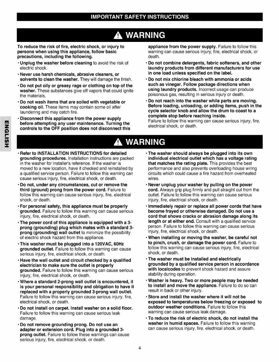 A warning, Warning, Important safety instructions | Kenmore 796.4027 User Manual | Page 4 / 29